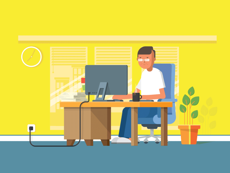 Hombre trabajando en la computadora: Gif animado fondo amarillo